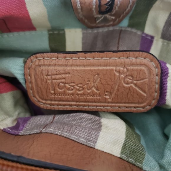 Fossil Womens Satchel Brown Fabric & Leather Braid Handles Key Charm Modern Vtg - Picture 8 of 16